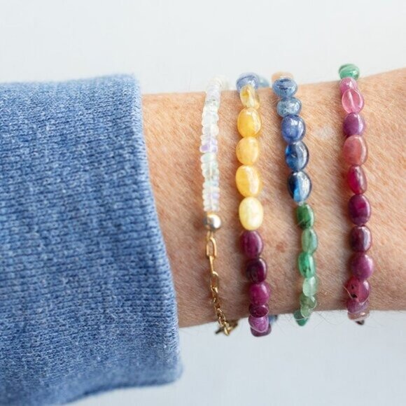 AAA Sapphire Rainbow Beaded Stretch Bracelet Multicolor Ombre Precious Gemstone - Picture 2 of 7